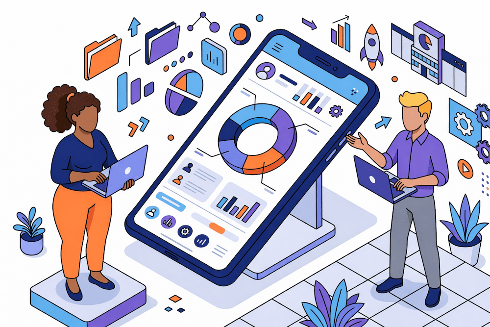 Isometric illustration of a product dashboard and collaborative work
